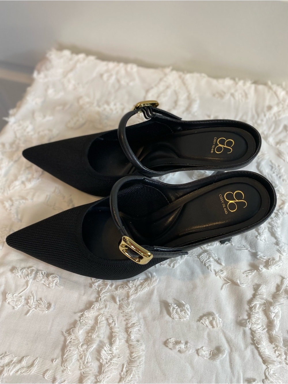 New!  Black Pointed Slingback Heels with Gold Buckle Accent - Picture 8 of 10